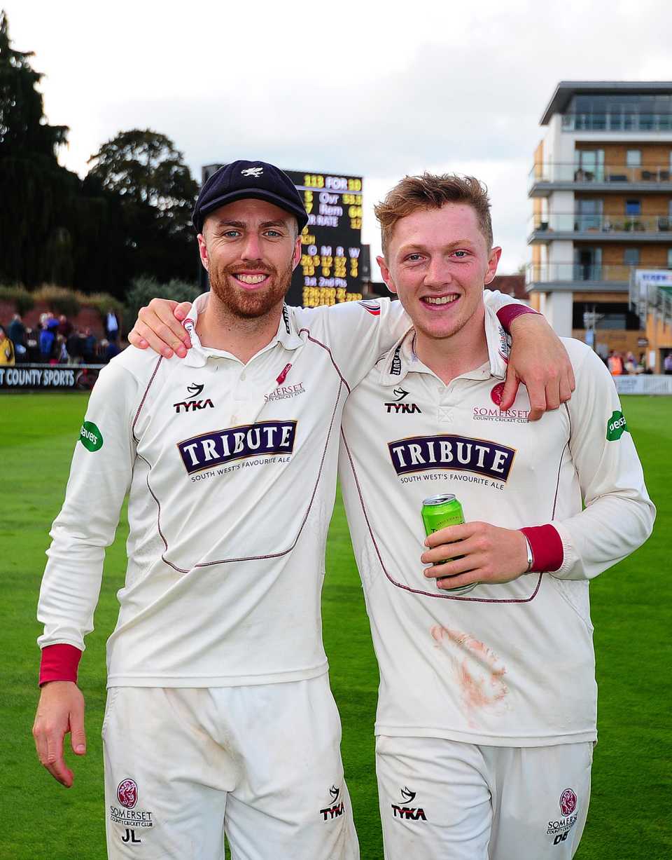 Jack Leach and Dom Bess celebrate after Somerset's escape from relegation in 2017