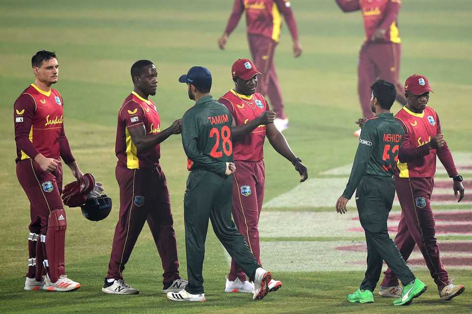 Bangladesh and West Indies players greet each other after a six-wicket win for the hosts in Mirpur, Bangladesh v West Indies, 1st ODI, Mirpur, January 20, 2021