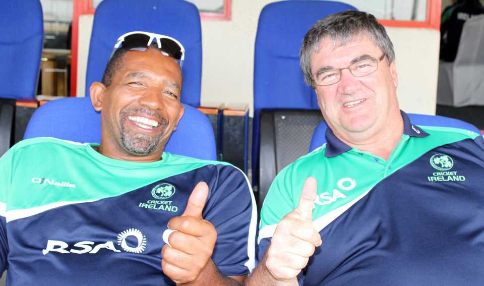 Phil Simmons and Roy Torrens are all smiles, UAE v Ireland, World Cricket League Championship, Sharjah, March 20, 2013