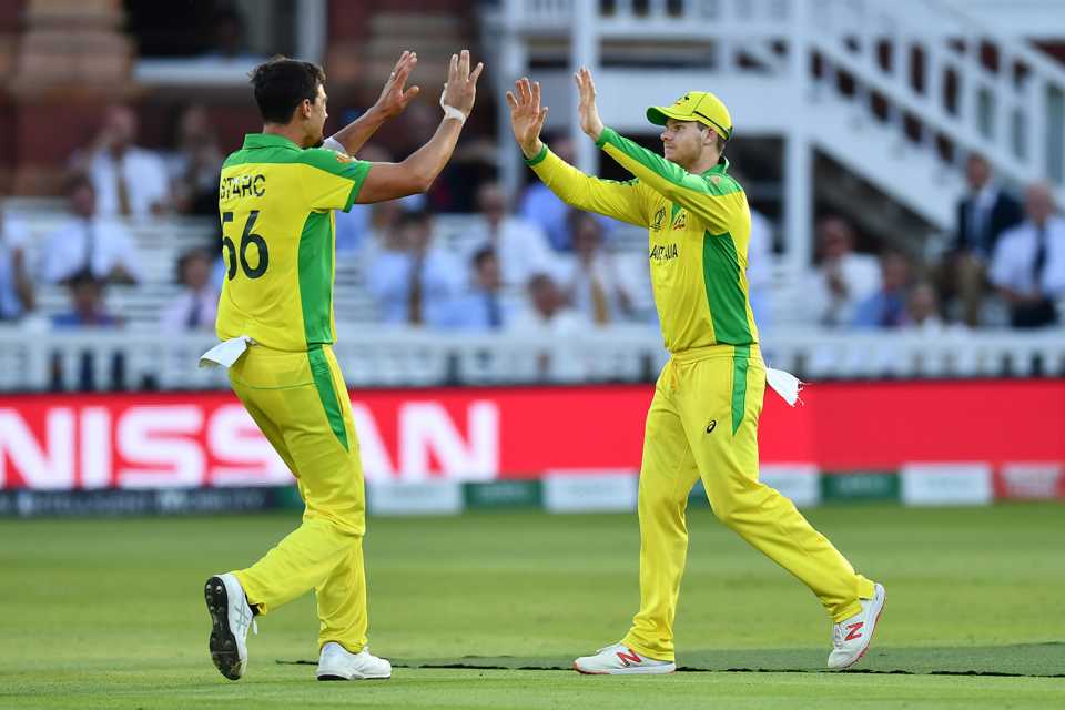 Steven Smith and Mitchell Starc celebrate, Australia v New Zealand, World Cup 2019, Lords, June 29, 2019