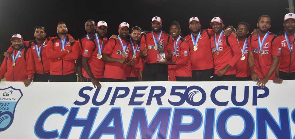 The victorious Trinidad & Tobago team pose after winning the Super50 Cup, Trinidad & Tobago vs Guyana, Super50 Cup, Antigua, February 27, 2021
