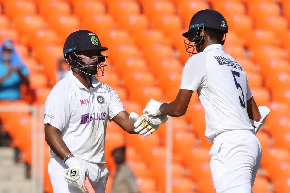 Rishabh Pant and Washington Sundar knock gloves during their century partnership, India vs England, 4th Test, Ahmedabad, 2nd day, March 5, 2021