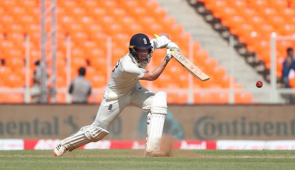 Dan Lawrence plays a cover drive on his way to a half-century