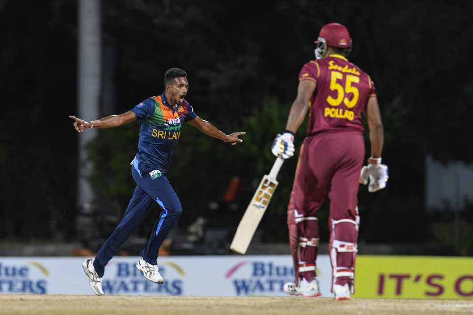 Dushmantha Chameera celebrates Kieron Pollard's wicket, West Indies vs Sri Lanka, 3rd T20I, Coolidge, March 7, 2021