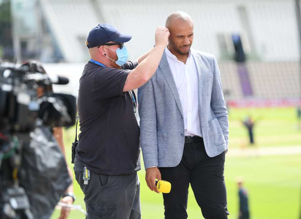 Tymal Mills gets mic-ed up for commentary, England v Australia, 2nd T20I, Southampton, September 6, 2020