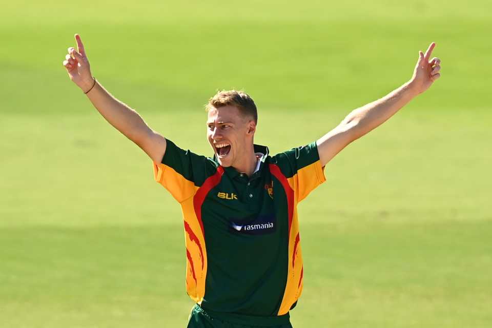 Riley Meredith made inroads on his return to the Tasmania side, Tasmania vs South Australia, Marsh Cup, Melbourne, March 12, 2021