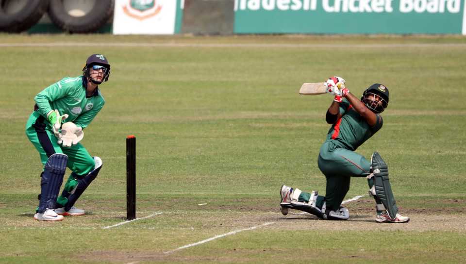 Shamim Hossain hits one of his four sixes during the solitary T20 against Ireland Wolves