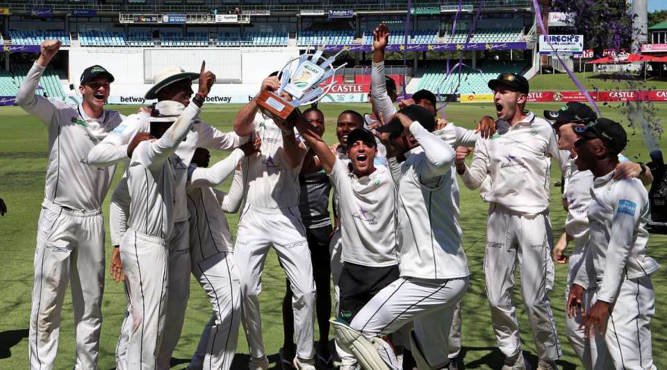The triumphant Dolphins team hold their trophy aloft, Dolphins vs Titans, 4-Day Franchise series, final, 5th day, Durban, March 29, 2021