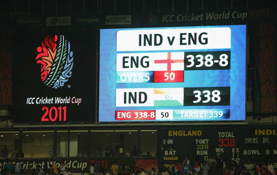The scorecard tells the story at the Chinnaswamy, India v England, World Cup, Group B, Bangalore, February 27, 2011