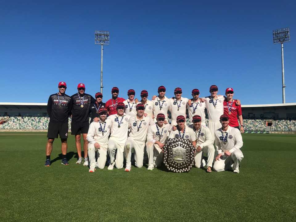 The victorious Canterbury side pose with the Plunket Shield trophy, Canterbury vs Central Districts, Plunket Shield 2020-21, Napier, April 6, 2021