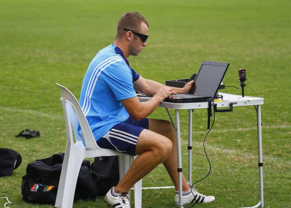 Divan Augustyn does GPS analysis of the players during a nets session ahead of the game, South Africa vs Australia, third ODI, Durban, October 26, 2011