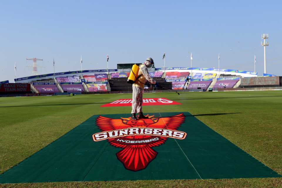 The ground is sanitised before the eliminator between the Sunrises Hyderabad and the Royal Challenges Bangalore