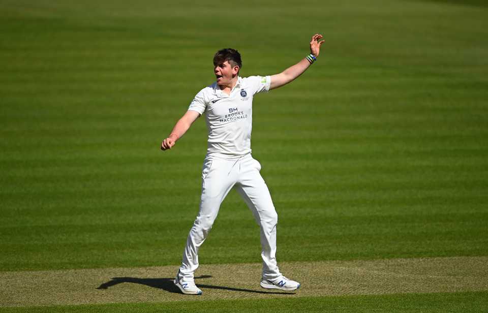 Ethan Bamber appeals for another Surrey wicket