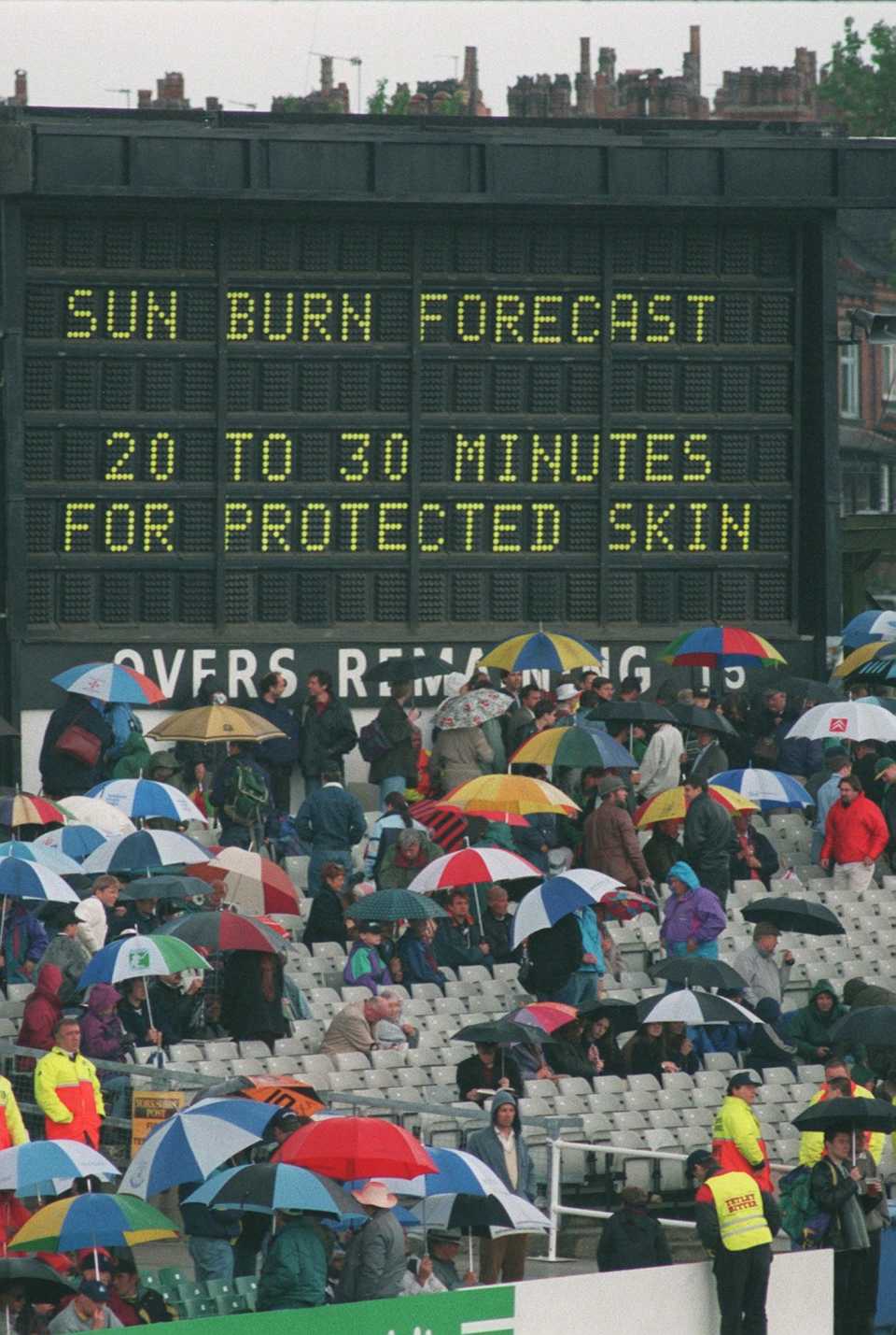 The scoreboard at Headingley continues to warn against sunburn, even though rain has stopped play, first Test, England vs West Indies, Headingley, June 08, 1995
