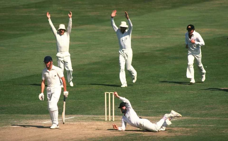 Bruce Laird takes a catch to dismiss Bill Athey off Len Pascoe