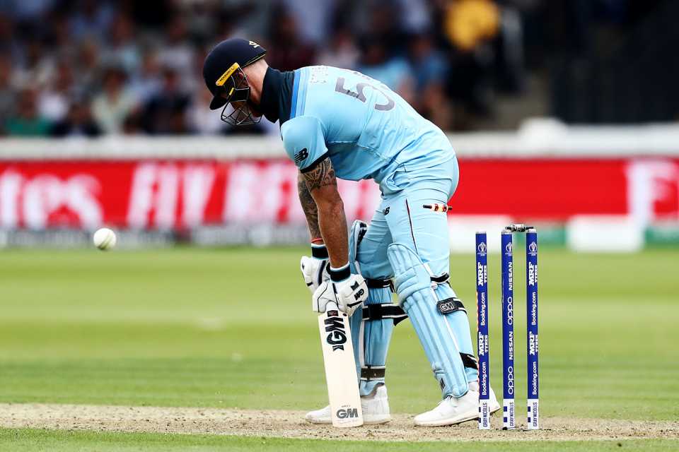 Ben Stokes is bowled by a Mitchell Starc yorker, England v Australia, World Cup, Lord's, June 25, 2019