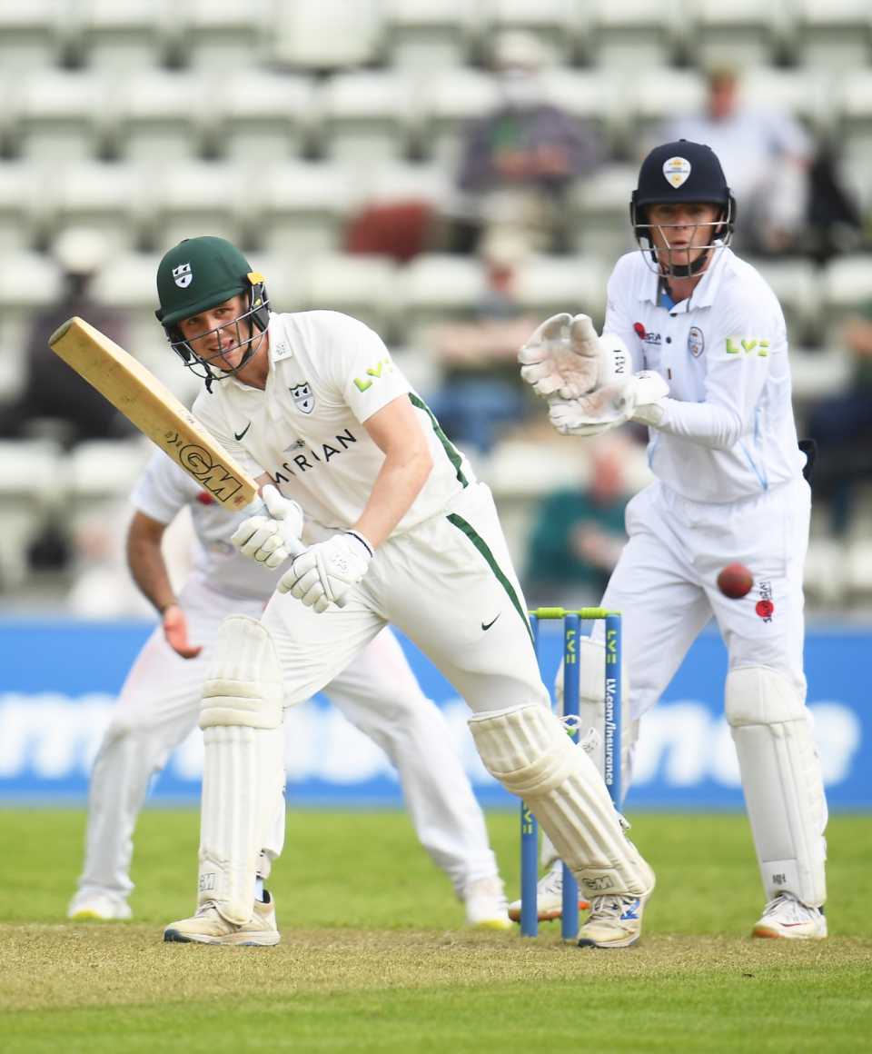 Jack Haynes works the ball to leg during his first-day 97, Worcestershire vs Derbyshire, New Road, LV= County Championship, 1st day, May 27, 2021