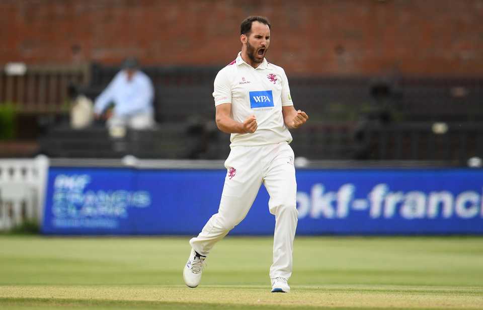 Lewis Gregory celebrates after taking the wicket of Cameron Steel, LV= Insurance County Championship, Somerset vs Hampshire, Taunton, June 6, 2021, Day 4, Taunton