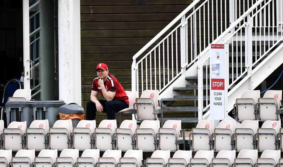 Eoin Morgan watches from the stands