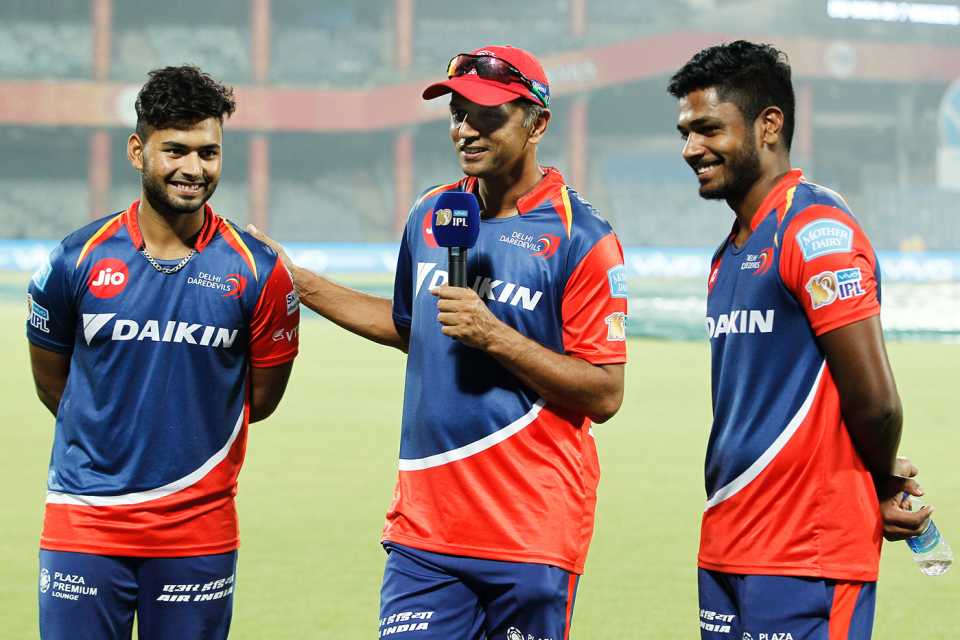 Rishabh Pant, Rahul Dravid and Sanju Samson talk to the broadcaster at the end of the match