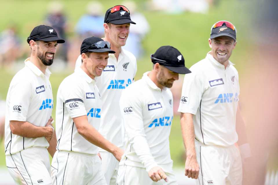 Daryl Mitchell, Trent Boult, Kyle Jamieson, Tom Blundell and Tim Southee are all smiles after wrapping up a 2-0 win, New Zealand vs West Indies, 2nd Test, Wellington, 4th day, December 14, 2020