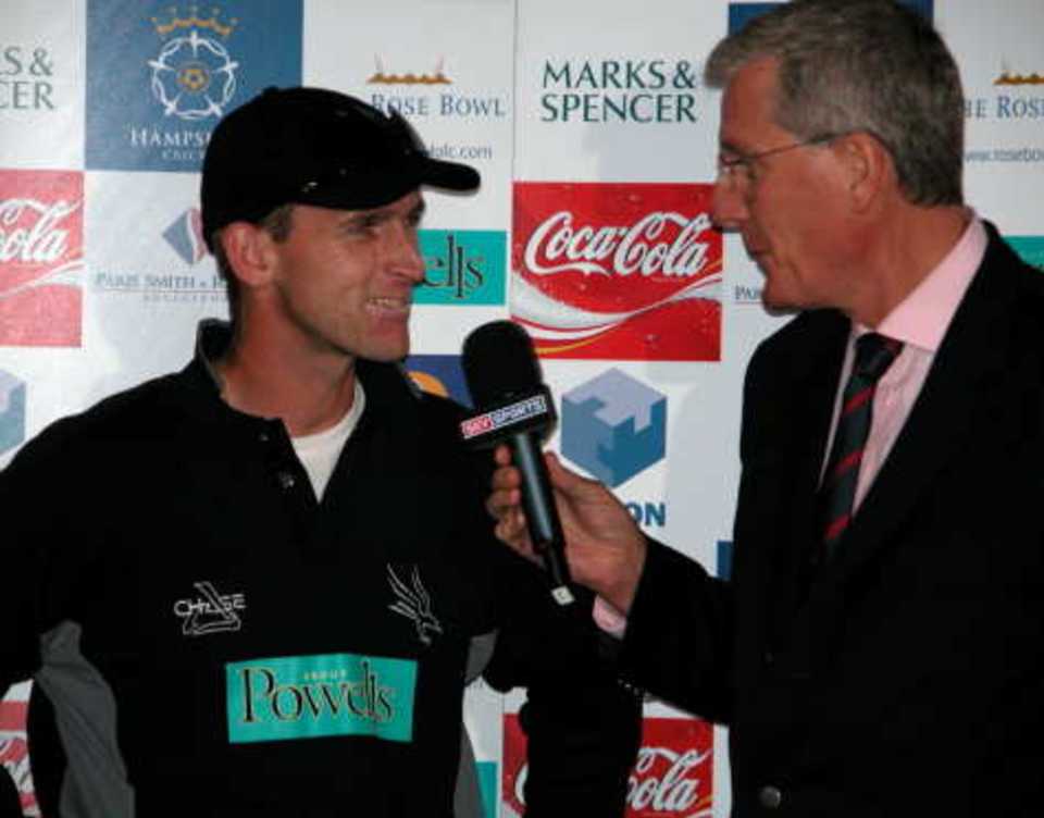 Hampshire Hawks captain John Crawley discusses their promotion ambitions with Sky's Bob Willis after the floodlit victory over Northamptonshire Steelbacks.