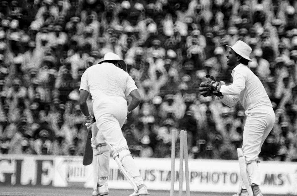 Kiran More keeps during a World Cup match against New Zealand, World Cup, India v New Zealand, Bangalore, India, October 14, 1987