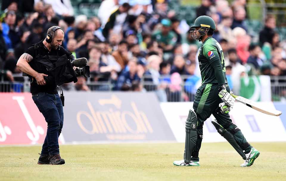 A cameraperson follows Asif Ali's walk back to the pavilion, Scotland v Pakistan, 2nd T20I, Edinburgh, June 13, 2018