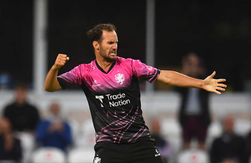 Lewis Gregory punches the air in celebration, Somerset vs Hampshire, Vitality Blast, Taunton, June 25, 2021