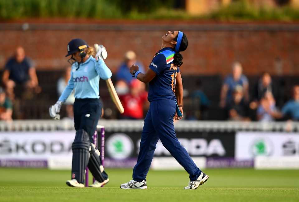 Shikha Pandey heaves a sigh of relief after picking up Lauren Winfield-Hill's wicket, England vs India, 2nd Women's ODI, Taunton, June 30, 2021