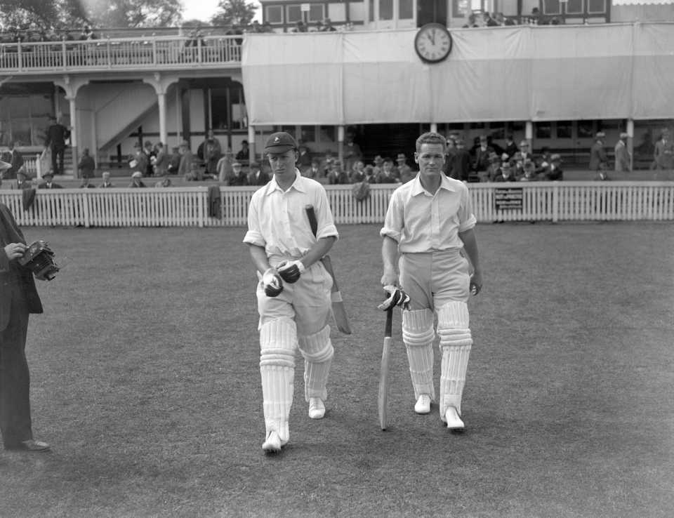 Bruce Mitchell, left and Bob Catterall walk out to bat, day two, first Test, England vs South Africa, Edgbaston, June 17, 1929