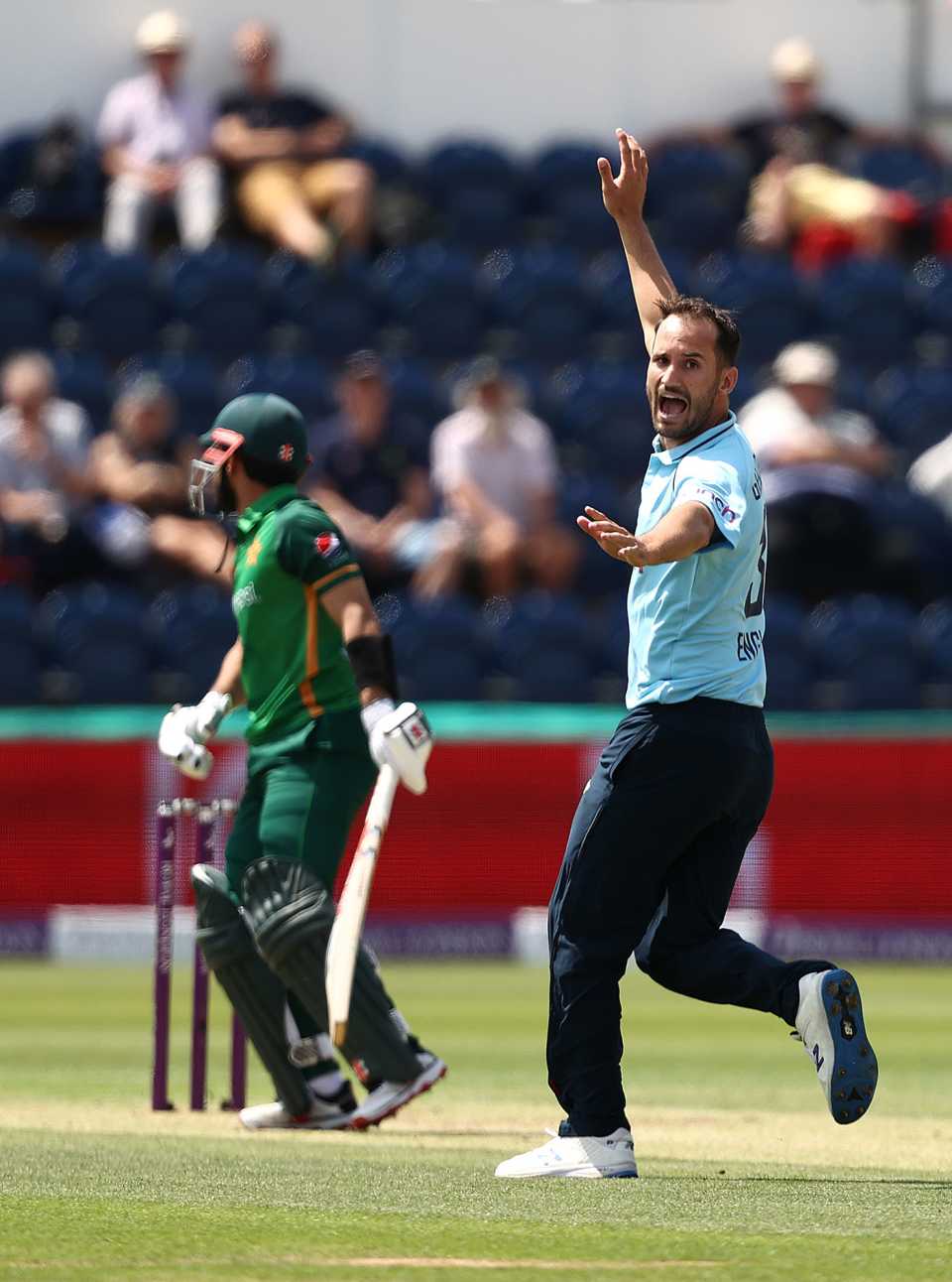 Lewis Gregory celebrates after taking the wicket of Mohammad Rizwan, England vs Pakistan, Cardiff, 1st ODI, July 8, 2021