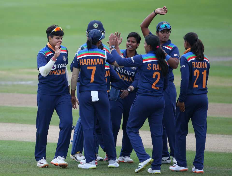 The Indian team gathers around Deepti Sharma to celebrate their win , England vs India, 2nd women's T20I, Hove, July 11, 2021