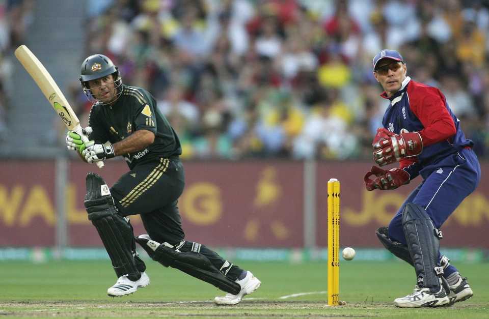 Ricky Ponting plays down to fine leg with Paul Nixon looking on,  first ODI, Australia vs England, Commonwealth Bank series, Melbourne Cricket Ground, Melbourne, January 12, 2007