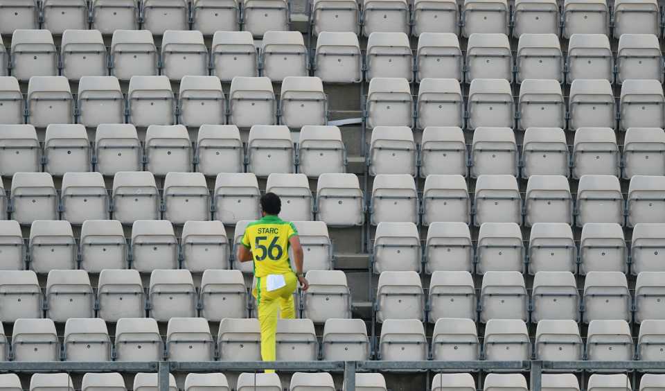 Mitchell Starc searches for the ball in the stands, third T20I, England vs Australia, Ageas Bowl, Southampton, September 08, 2020 