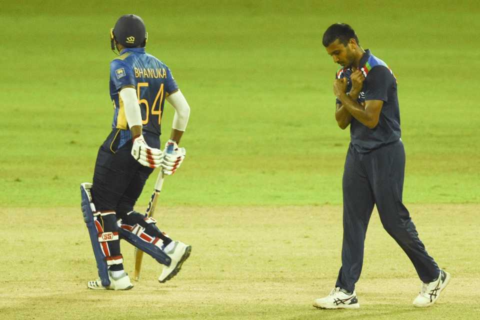 Chetan Sakriya celebrates a wicket on debut