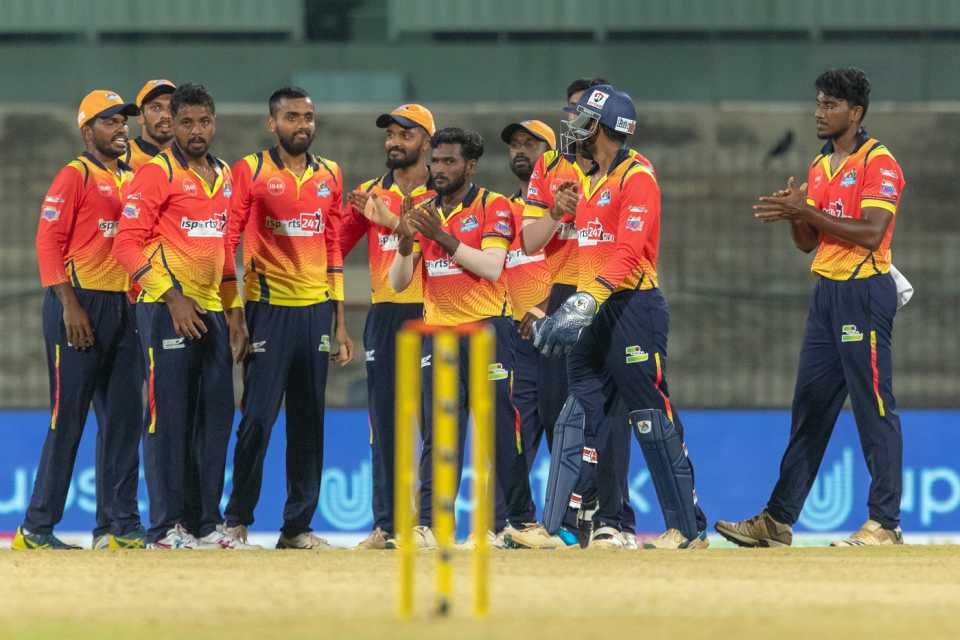 G Periyaswamy is mobbed by his team-mates, Salem Spartans vs IDream Tiruppur Tamizhans, TNPL 2021, Chennai, July 24, 2021
