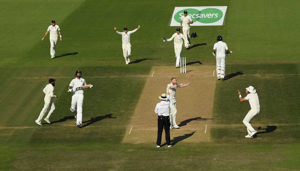 Ben Stokes celebrates after trapping Ishant Sharma leg before for a duck