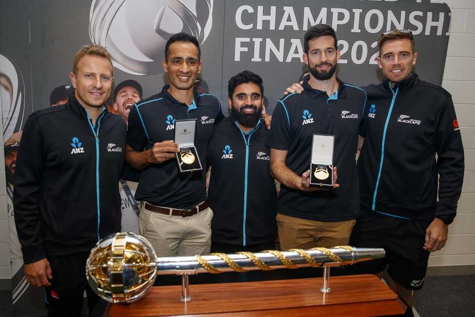 Neil Wagner, Jeet Raval, Ajaz Patel, Will Somerville and Tim Southee during the Auckland leg of the mace tour, Eden Park, July 27, 2021