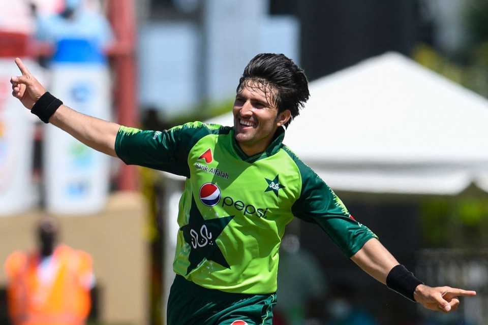 Mohammad Wasim celebrates the dismissal of Shimron Hetmyer, West Indies vs Pakistan, 2nd T20I, Guyana, July 31, 2021