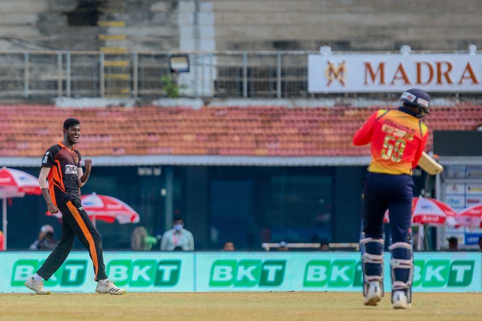 M Mathivannan is overjoyed after getting Vijay Shankar, Ruby Trichy Warriors vs Salem Spartans, TNPL 2021, Chennai, August 1, 2021