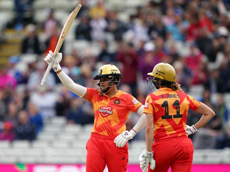 Shafali Verma raises her bat on reaching fifty, Birmingham Phoenix vs Welsh Fire, Women's Hundred, Edgbaston, August 9, 2021