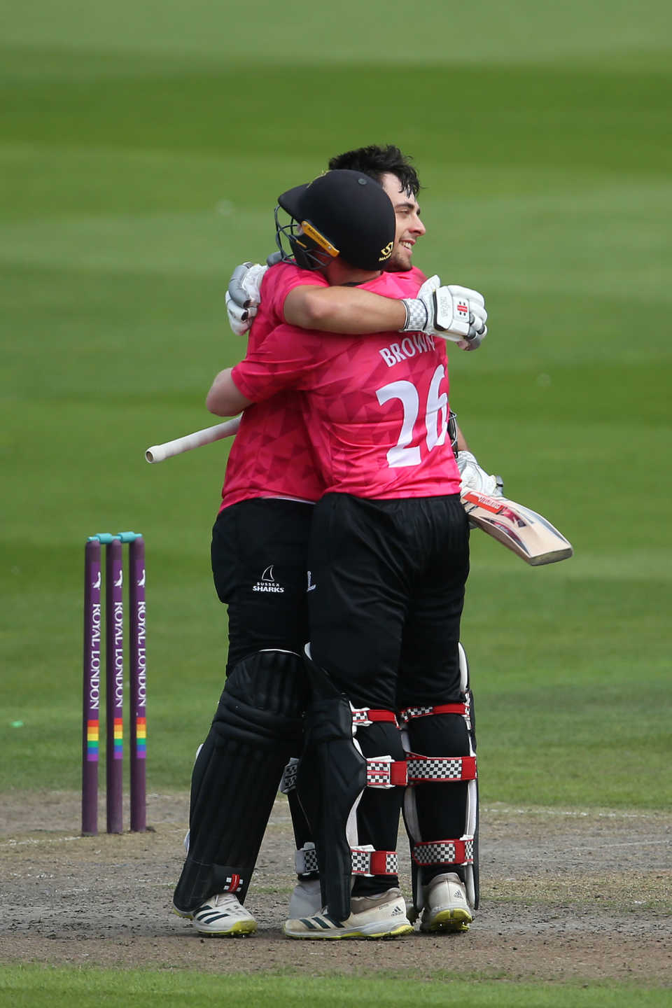 Tom Haines celebrates reaching his century with Ben Brown, Sussex vs Middlesex, Royal London Cup, Hove, August 12, 2021