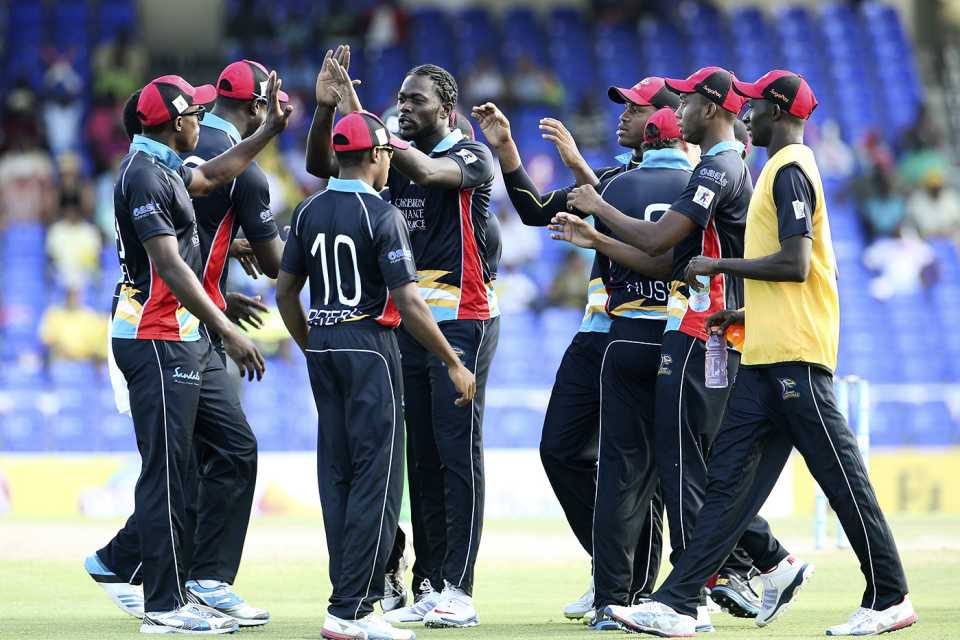 The Antigua Hawksbills players celebrate a wicket
