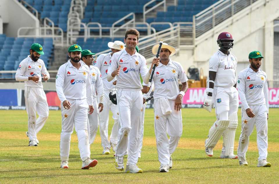 Shaheen Afridi leads Pakistan off the field after victory, West Indies v Pakistan, 2nd Test, Kingston, 5th day, August 24, 2021