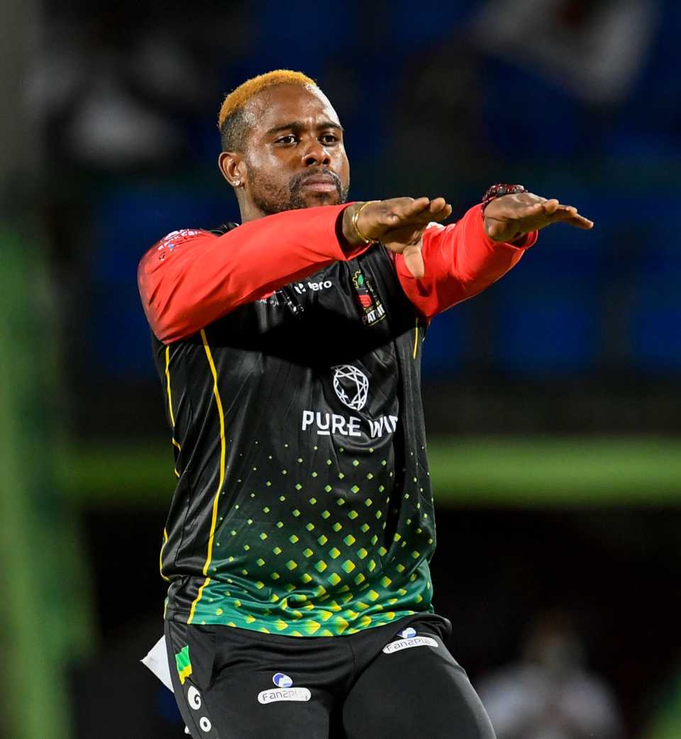 Fabian Allen celebrates a wicket, Barbados Royals vs St Kitts and Nevis Patriots, 2nd match, CPL 2021, Basseterre, August 27, 2021