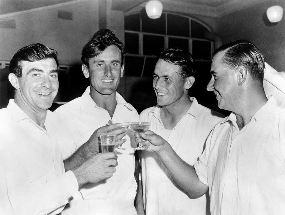 Fred Trueman, Ted Dexter, David Sheppard and Colin Cowdrey toast with drinks after winning the Melbourne Test