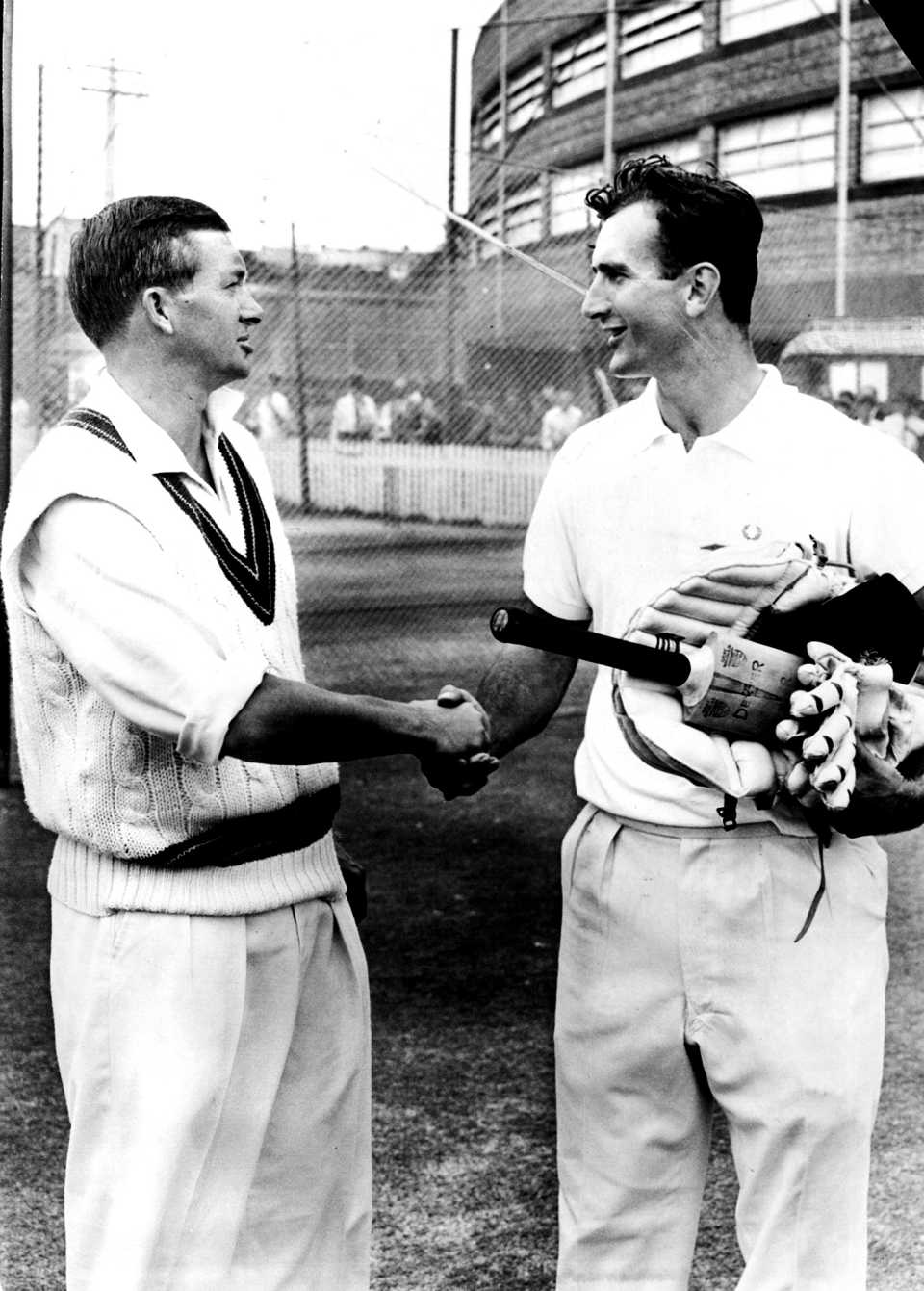 Richie Benuad and Ted Dexter shake hands, Sydney, February 1963