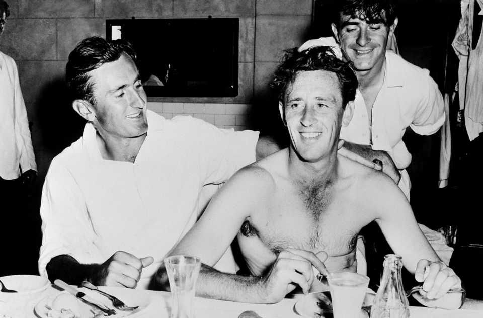Ted Dexter and Fred Trueman congratulate Brian Statham for breaking Alec Bedser's record and becoming England's leading wicket-taker