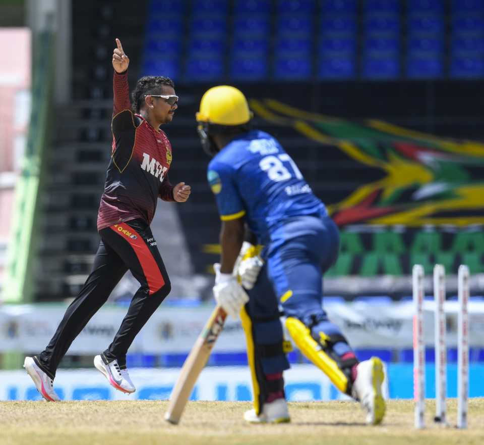 Sunil Narine is quite pleased with his day's work, Barbados Royals vs Trinbago Knight Riders, Caribbean Premier League, Basseterre, September 9, 2021
